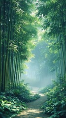 Fototapeta premium Bamboo forest landscape in shades of green and blue, bamboo, green, serene, blue, watercolor