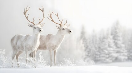 Two majestic white reindeer stand gracefully in a serene winter wonderland, their antlers reaching towards a frosted sky. A magical holiday scene.