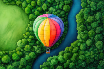 colorful hot air balloon flying over lush green trees and winding river creates serene and vibrant scene. contrast of colors enhances beauty of nature