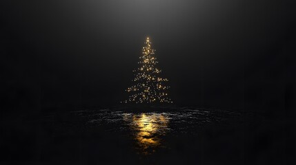 Glimmering golden Christmas tree, standing tall in a dark, reflective landscape. A minimalist winter scene.