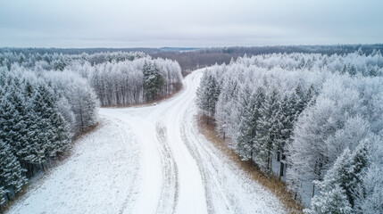 Fototapeta premium A drone shot of a snow-covered forest with a meandering road, contrasting sharply against the pristine white landscape and tall frosted trees