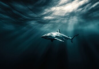 Deep Underwater Scene Featuring a Majestic Shark Swimming Gracefully in Dim Light, Capturing the Beauty and Mystery of Ocean Life in an Ethereal Environment