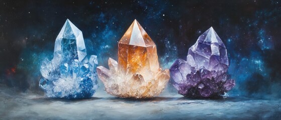 Obraz premium Three colorful crystals displayed against a cosmic background.