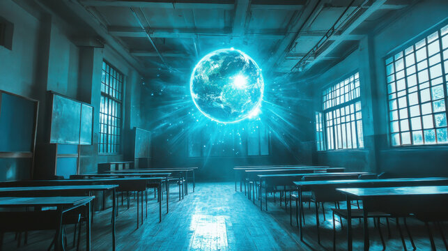 futuristic classroom with holographic globe projection, inspiring learning