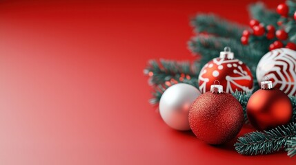 A festive arrangement of Christmas ornaments in red, silver, and white, set against a vibrant red background, evoking holiday cheer.