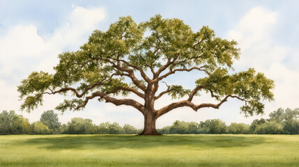 Fototapeta premium majestic oak tree stands alone in lush green field under bright blue sky, showcasing its grandeur and beauty in nature serene landscape