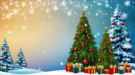 Obraz premium Christmas background featuring pine trees, snow, ice, gifts, Christmas decoration, holiday spirit, festive times, use as graphic resource, card invitation