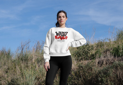 Mockup Of Woman In Customized Sweatshirt, Hand On Hip