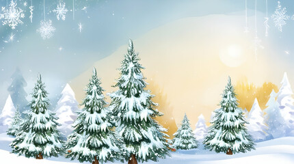 Fototapeta premium Christmas background featuring pine trees, snow, ice, gifts, Christmas decoration, holiday spirit, festive times, use as graphic resource, card invitation