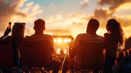 Friends Enjoying a Sunset at a Summer Festival with Drinks in Hand and Vibrant Sky in the Background