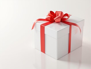 Obraz premium Beautifully wrapped white gift box with a shiny red ribbon bow, luxurious, celebration, wrapped, shiny