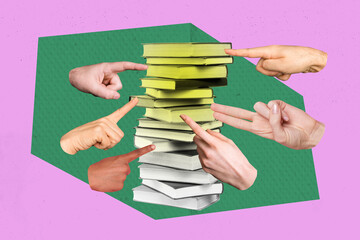 Composite photo collage of hand point book stack education concept knowledge student library...