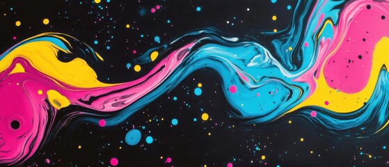 Abstract swirling colors on a black background with vibrant spots.