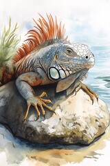 Fototapeta premium Vibrant iguana on rock, tropical setting, watercolor art