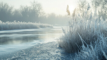 A frozen riverbank with frosted reeds and a layer of thin ice spreading into the distance
