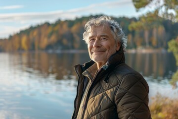 Portrait of a satisfied man in his 50s sporting a quilted insulated jacket in front of serene lakeside view