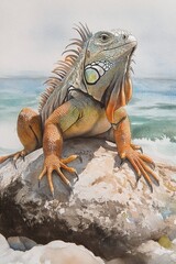 Fototapeta premium Colorful iguana on rock with ocean backdrop, details in scales and skin.