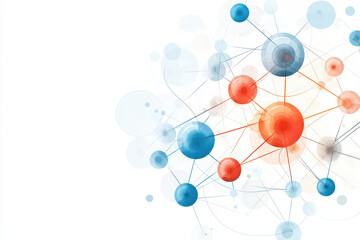 Obraz premium Abstract molecular structure with colorful nodes and connections, showcasing blend of blue, red, and transparent elements on white background, creating modern and scientific aesthetic