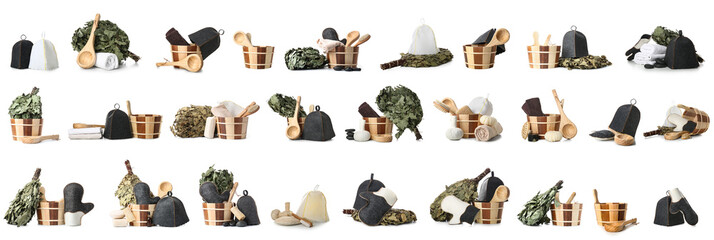 Set of accessories for sauna on white background