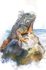 Fototapeta premium Iguana on rock with sunny backdrop, detailed reptilian features