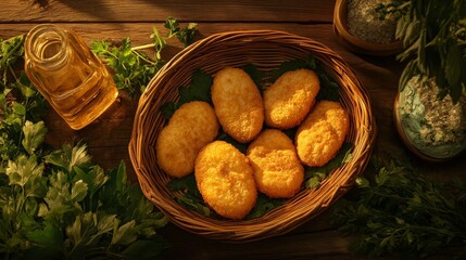 Fried Shrimp with Fresh Herbs on Wooden Table