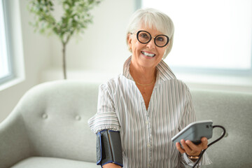 Portrait of elderly woman using Blood Pressure Monitor