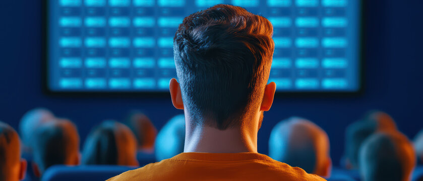 Audience member watching vibrant screen in darkened room, captivated by display. atmosphere is filled with anticipation and engagement