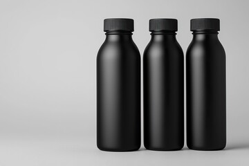 Minimal Monochrome Bottle Designs. Three sleek, black, matte bottles with screw-on caps arranged on a light background, emphasizing modern design and minimalism.