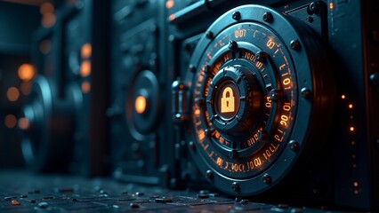 A digital vault with encryption symbols and glowing locks, symbolizing the secure storage of cryptocurrencies.