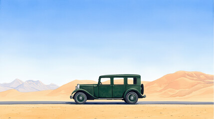 Fototapeta premium Classic vintage car parked on desert road with mountains in background and clear blue sky, evoking sense of nostalgia and adventure