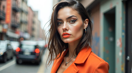 Fototapeta premium Stylish woman with bold makeup poses confidently on city street during fashion event