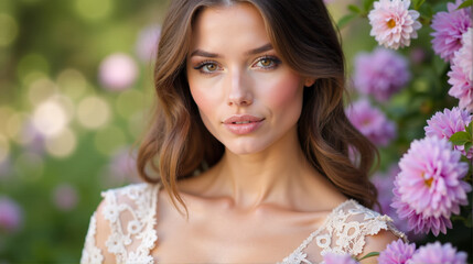 Obraz premium Beautiful woman surrounded by blooming roses in a garden during daylight