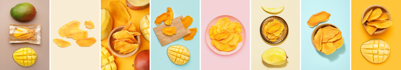 Collage of sweet dried mango on color background, top view