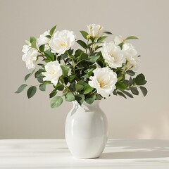 Beautiful white blossoms paired with leafy greens in a white ceramic vase, houseplant, aesthetics, interior, botany