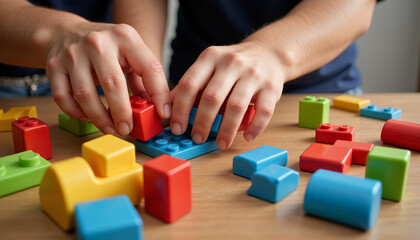 Naklejka premium Hands create colorful structures using building blocks during a playful afternoon, showcasing creativity and teamwork with vibrant pieces