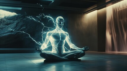 The cyborg sits cross-legged in the intermediary position, and energy discharges emanate from him