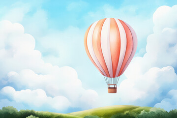 Naklejka premium colorful hot air balloon floats gracefully against bright sky, surrounded by fluffy clouds and rolling green hills, evoking sense of adventure and tranquility