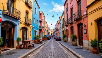 Colorful street view in a vibrant coastal town showcasing charming architecture and lively atmosphere