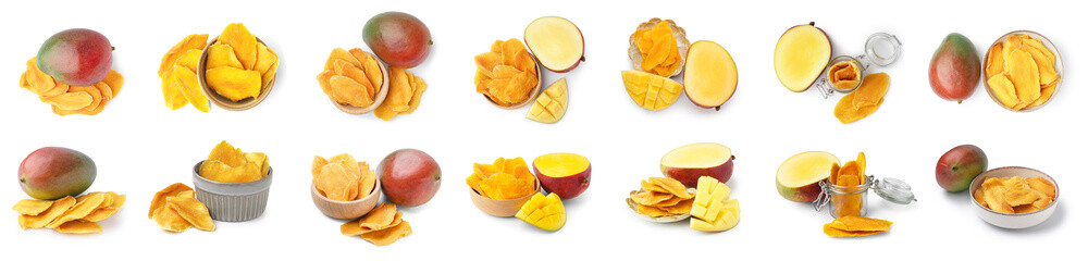 Set of sweet dried mango on white background