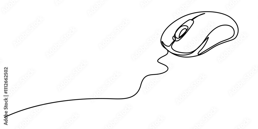 Poster Continuous single line drawing of computer mouse icon. Vector illustration, Continuous line drawing. Computer mouse sign. Hand drawn illustration with black line on white background. Vector symbol. 