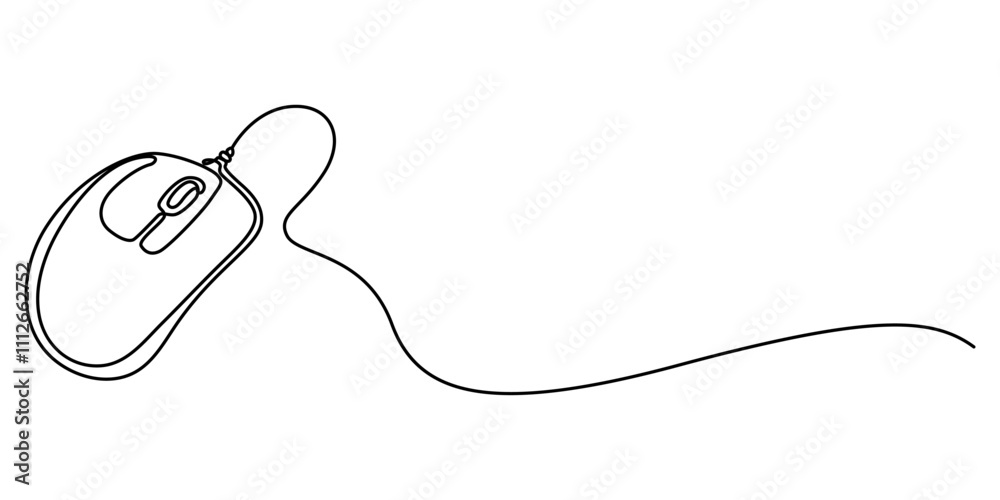 Poster Continuous single line drawing of computer mouse icon. Vector illustration, Continuous line drawing. Computer mouse sign. Hand drawn illustration with black line on white background. Vector symbol. 