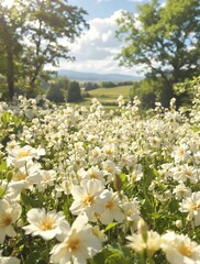 Beautiful white flowers blooming in a rustic countryside meadow, tranquil, botanical, sunny, peaceful, flora