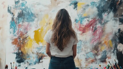Young painter depicting a lively music event on canvas, surrounded by brushes and paints