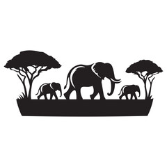  Elephant family walking at sunset silhouette vector art black color design and solid white background