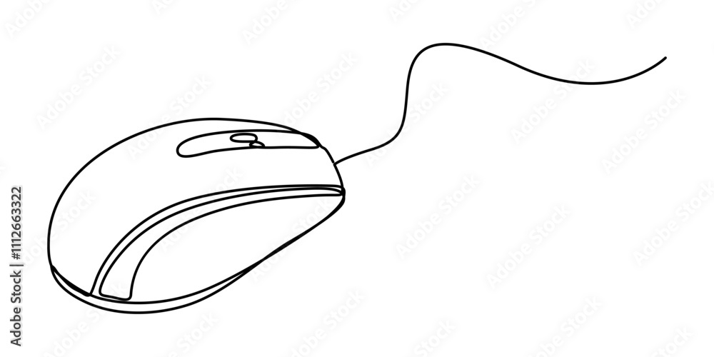Poster Continuous single line drawing of computer mouse icon. Vector illustration, Continuous line drawing. Computer mouse sign. Hand drawn illustration with black line on white background. Vector symbol. 