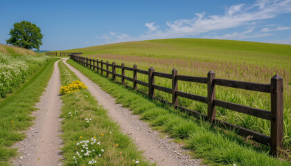 Obraz premium Winding dirt path invites exploration through lush green fields under a bright blue sky