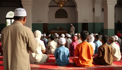 Muslim children and men attentively listening to a religious lecture inside a mosque.