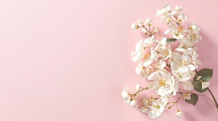 Beautiful white lilac flowers on pink textured surface, invitation, summer