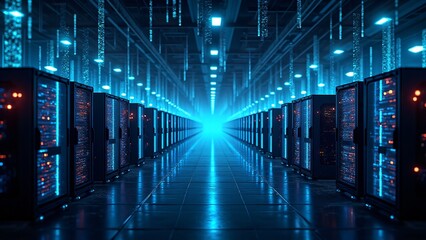 Obraz premium A futuristic digital cryptocurrency mining landscape with glowing mining rigs and data streams, symbolizing the mining process.