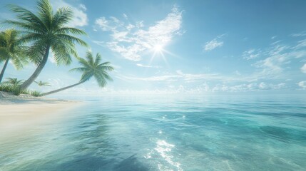 Serene tropical beach with palm trees and calm ocean under a bright sky.